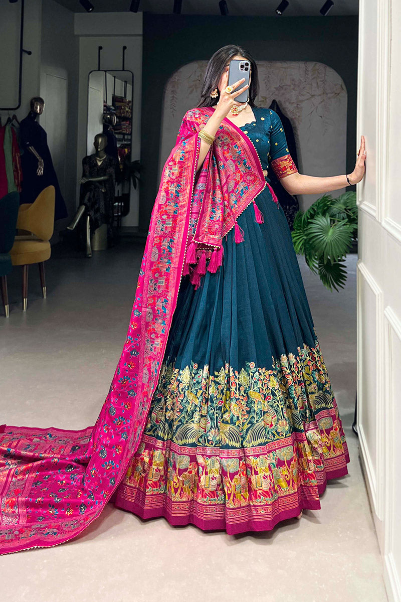 Exquisite Navy Blue & Pink Tusser Silk Lehenga Choli With Dupatta