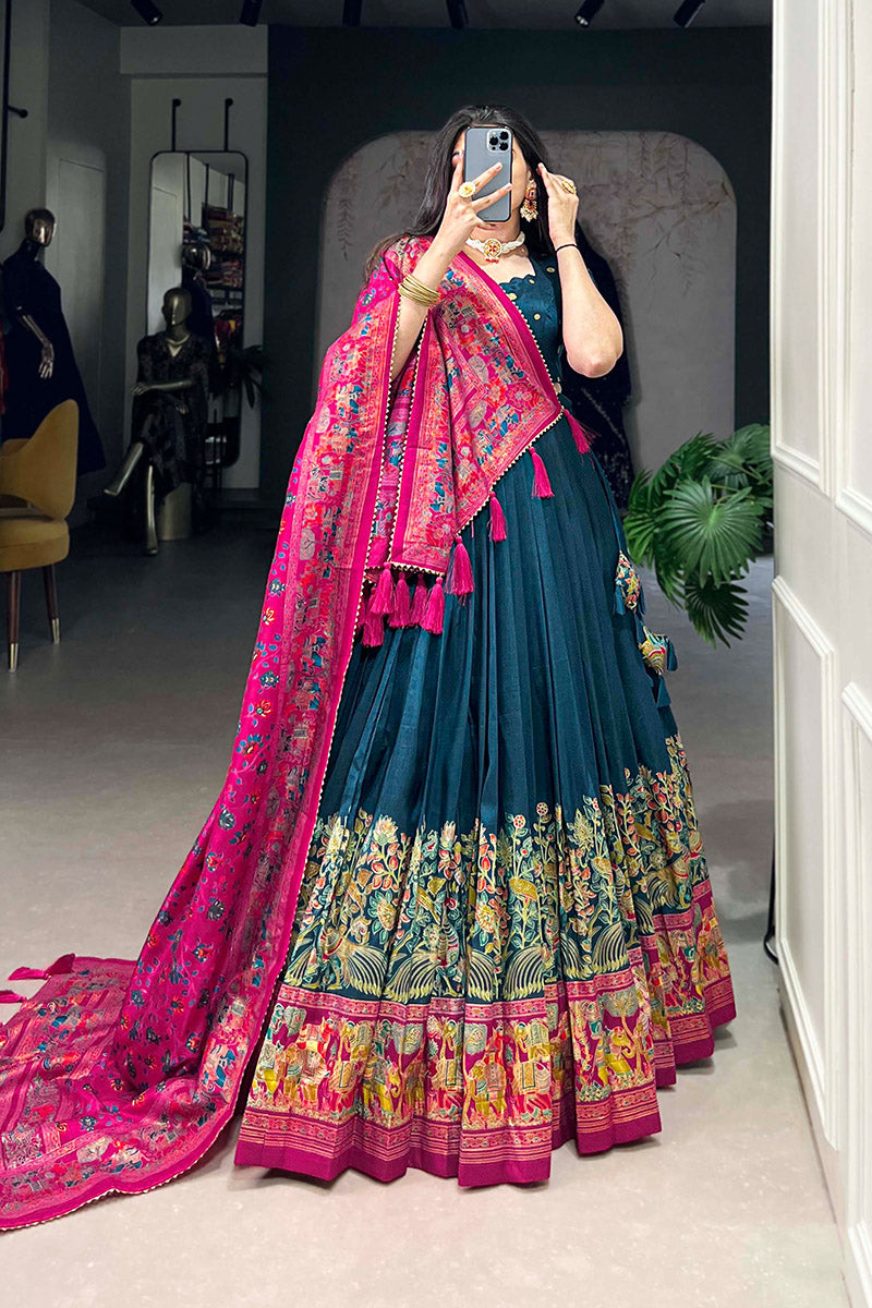 Exquisite Navy Blue & Pink Tusser Silk Lehenga Choli With Dupatta