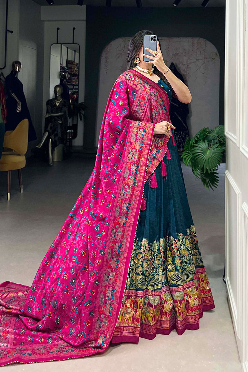 Exquisite Navy Blue & Pink Tusser Silk Lehenga Choli With Dupatta