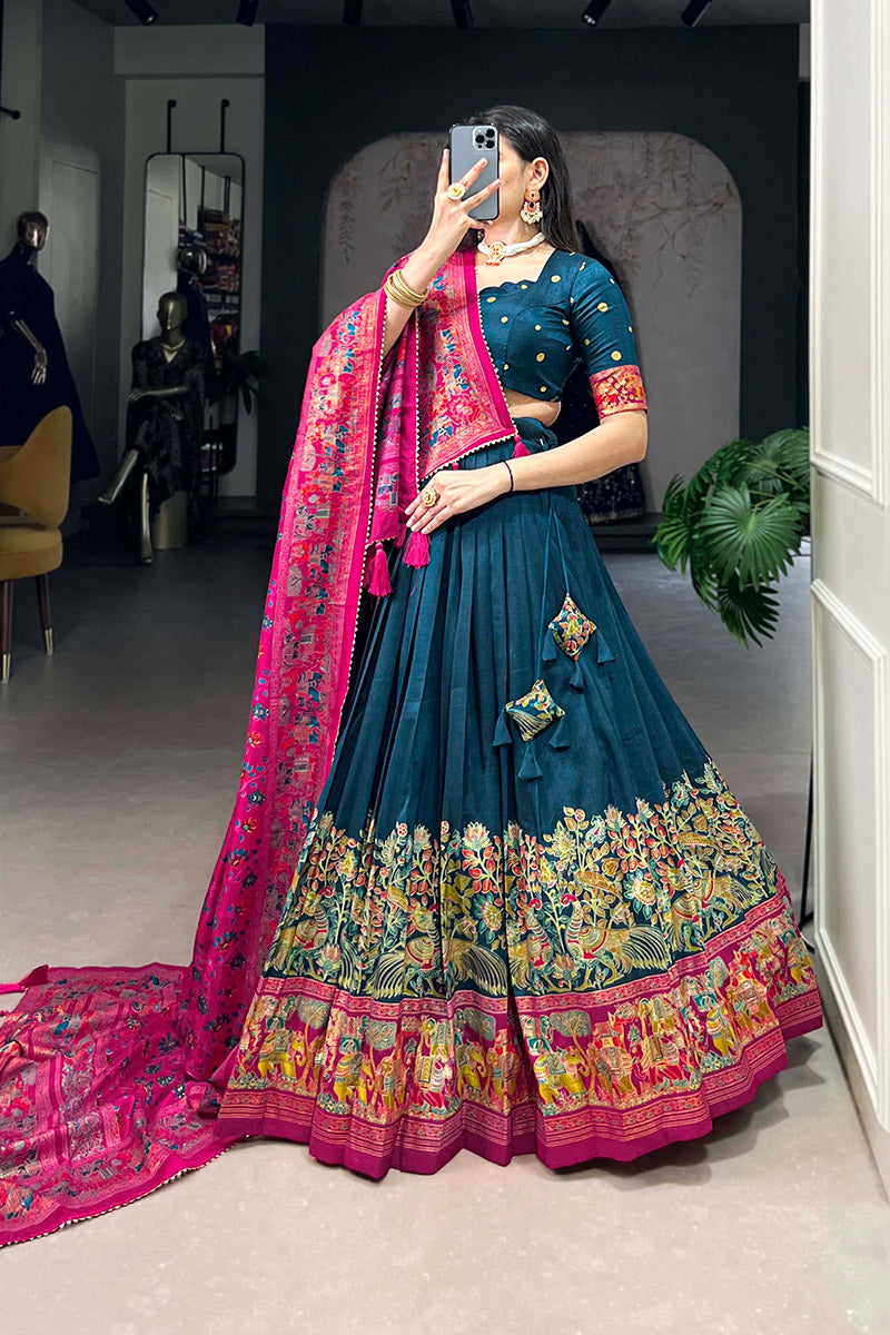 Exquisite Navy Blue & Pink Tusser Silk Lehenga Choli With Dupatta