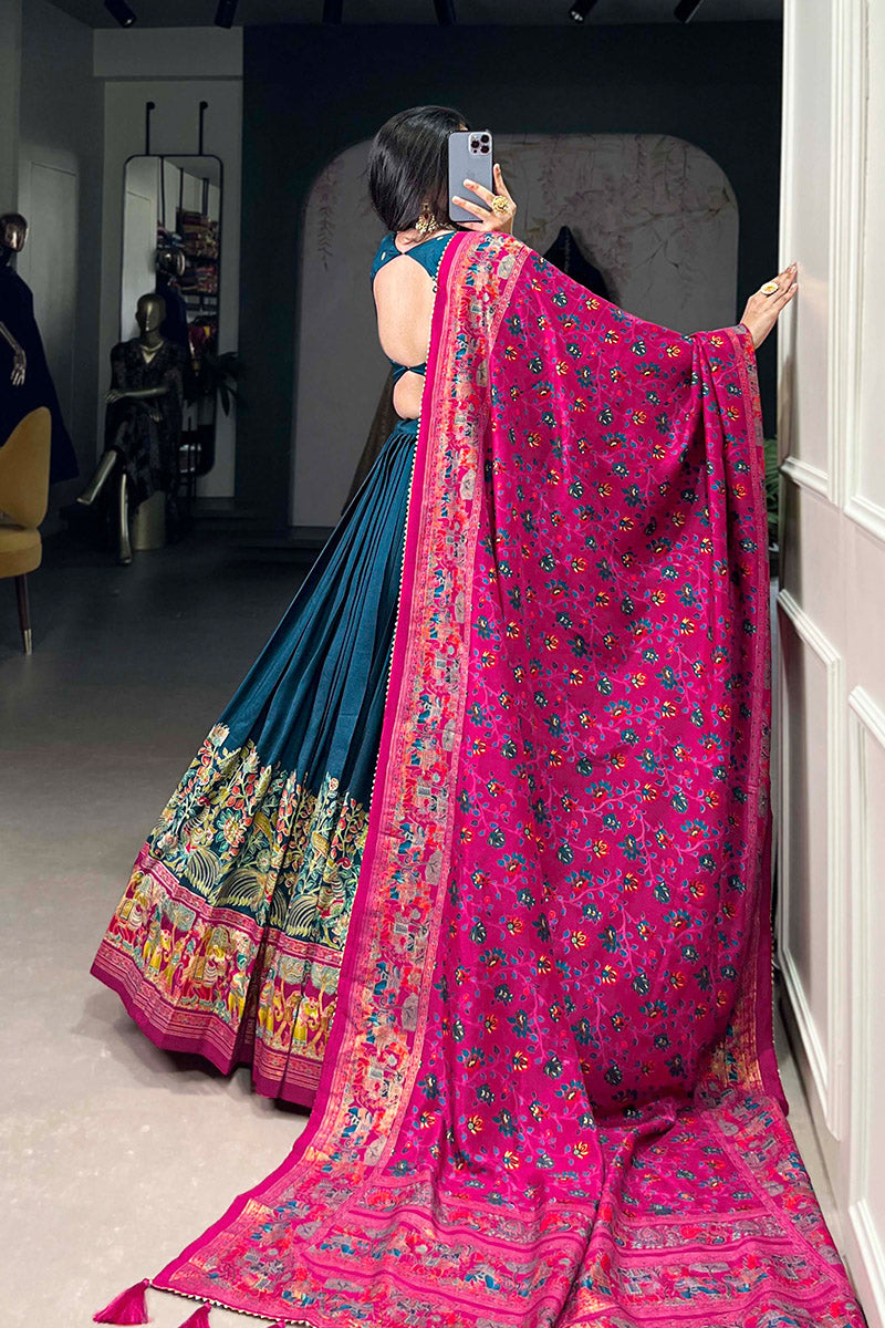 Exquisite Navy Blue & Pink Tusser Silk Lehenga Choli With Dupatta