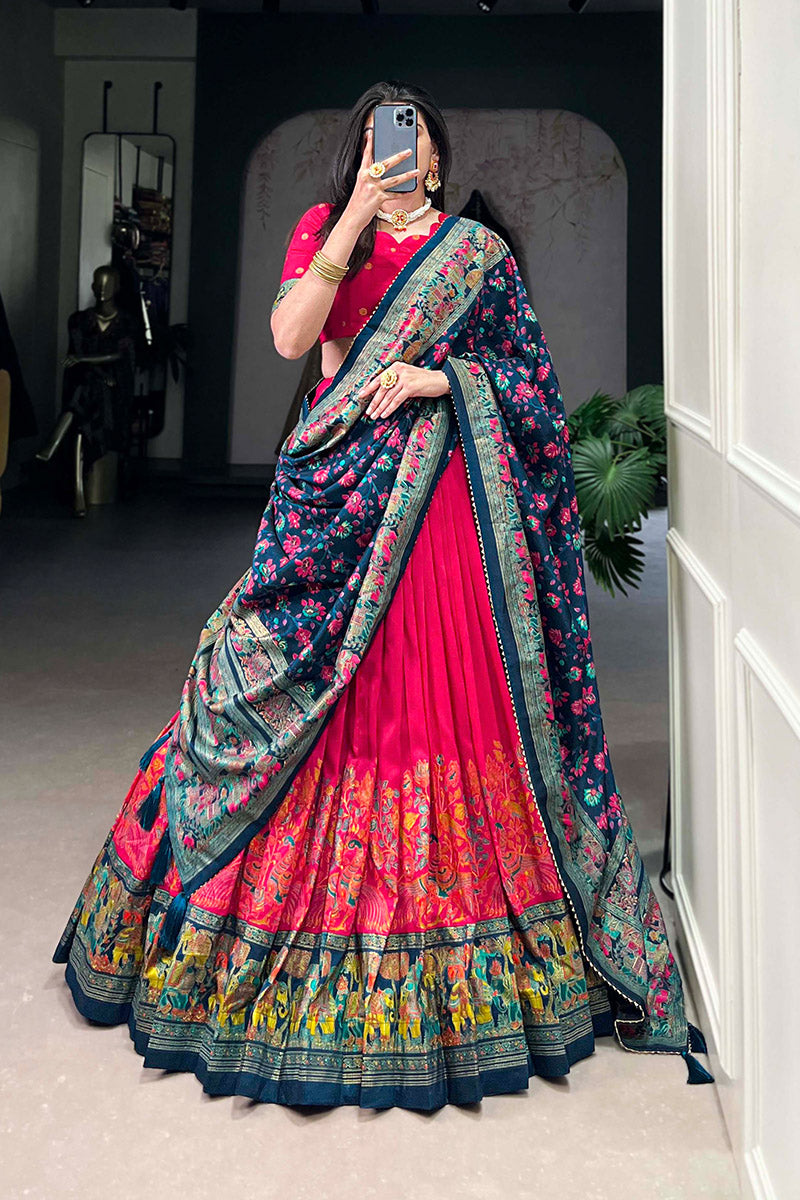Supernal Red & Blue Tusser Silk Lehenga Choli With Dupatta