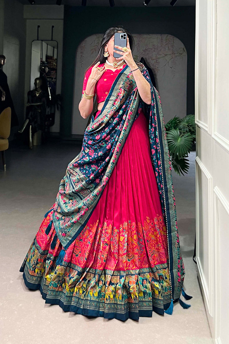 Supernal Red & Blue Tusser Silk Lehenga Choli With Dupatta