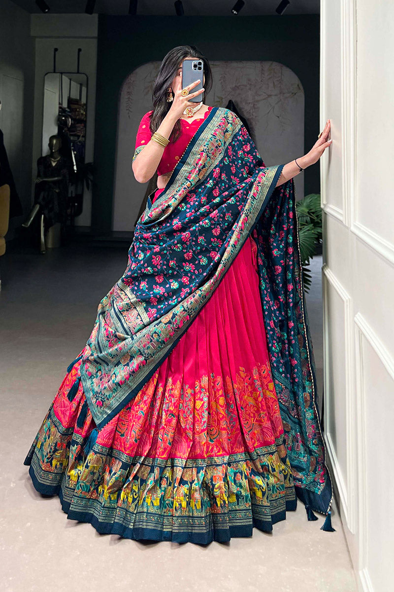 Supernal Red & Blue Tusser Silk Lehenga Choli With Dupatta