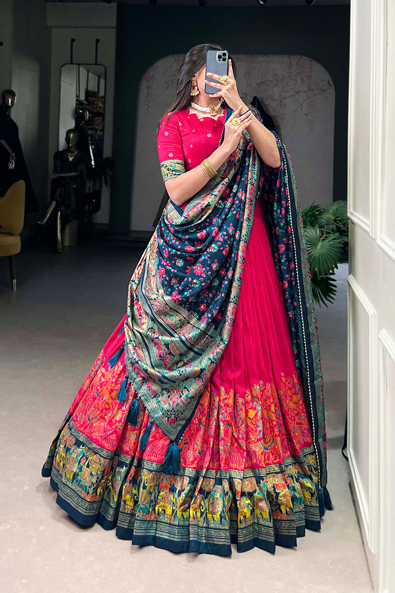 Supernal Red & Blue Tusser Silk Lehenga Choli With Dupatta