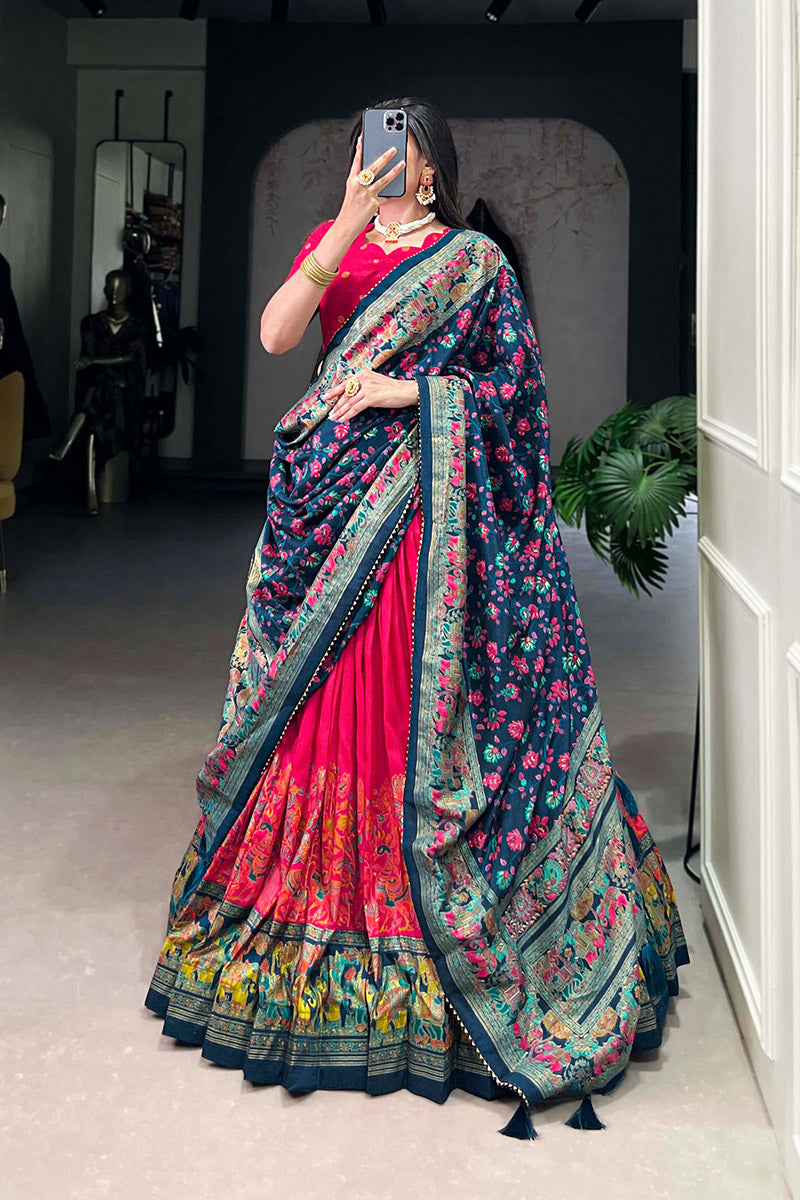 Supernal Red & Blue Tusser Silk Lehenga Choli With Dupatta