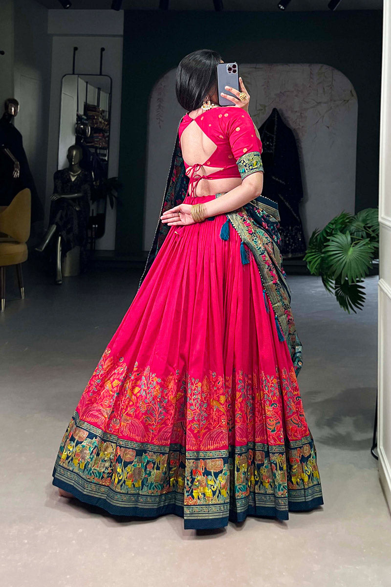Supernal Red & Blue Tusser Silk Lehenga Choli With Dupatta