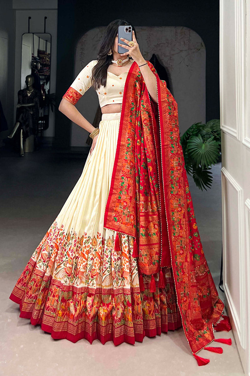 Eloquence White & Red Tusser Silk Lehenga Choli With Dupatta