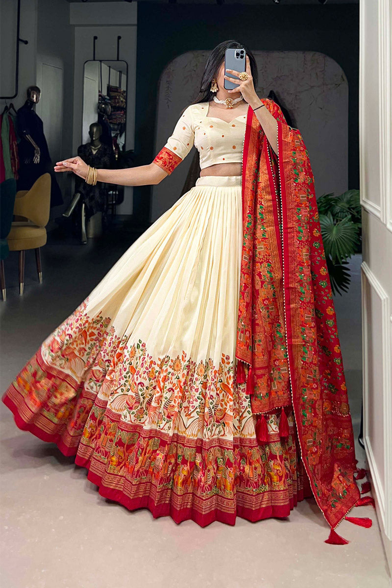 Eloquence White & Red Tusser Silk Lehenga Choli With Dupatta