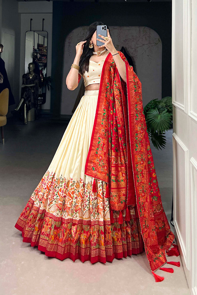 Eloquence White & Red Tusser Silk Lehenga Choli With Dupatta