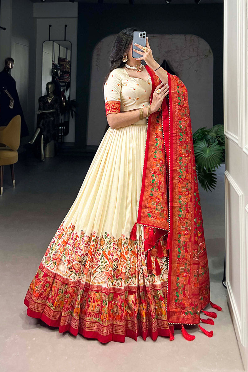 Eloquence White & Red Tusser Silk Lehenga Choli With Dupatta