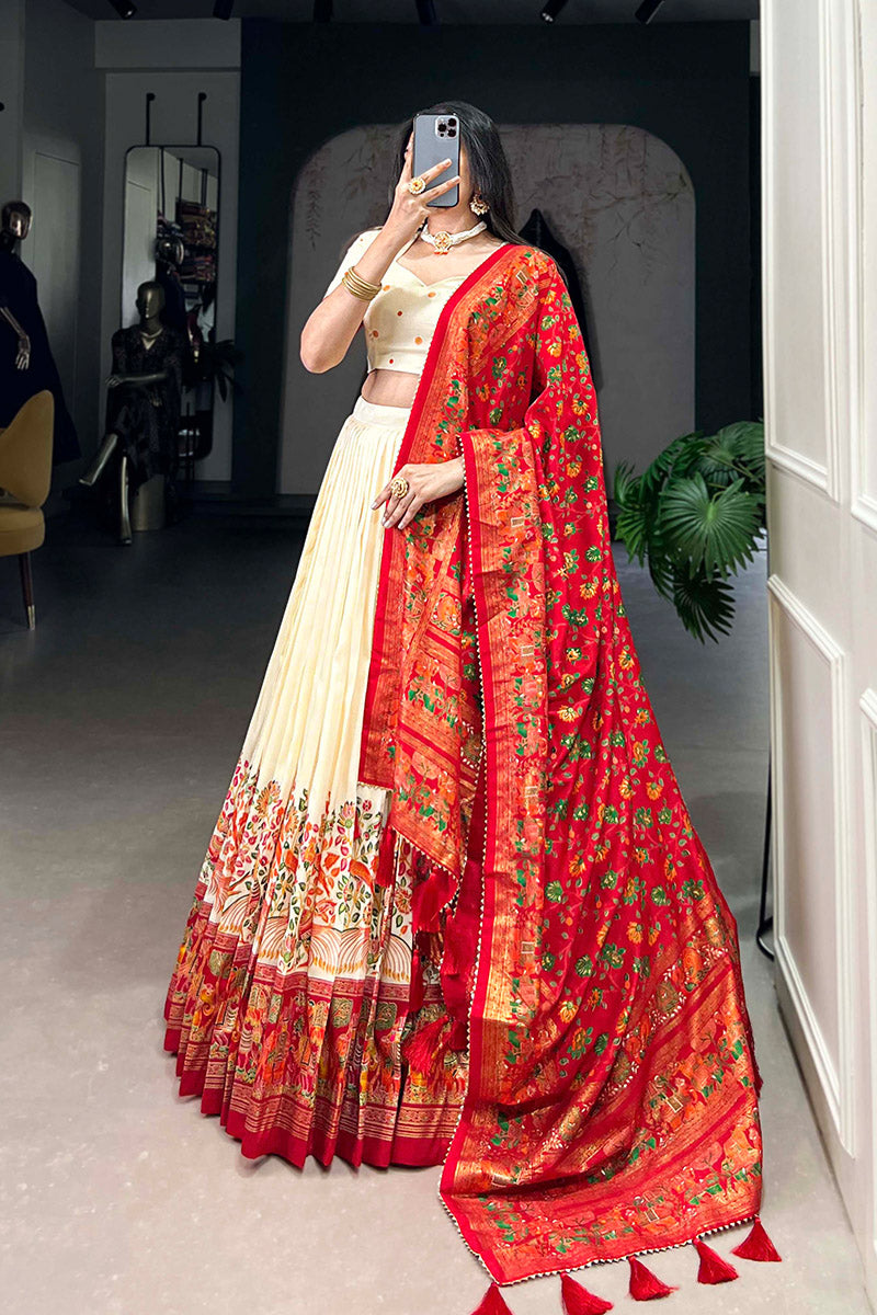 Eloquence White & Red Tusser Silk Lehenga Choli With Dupatta