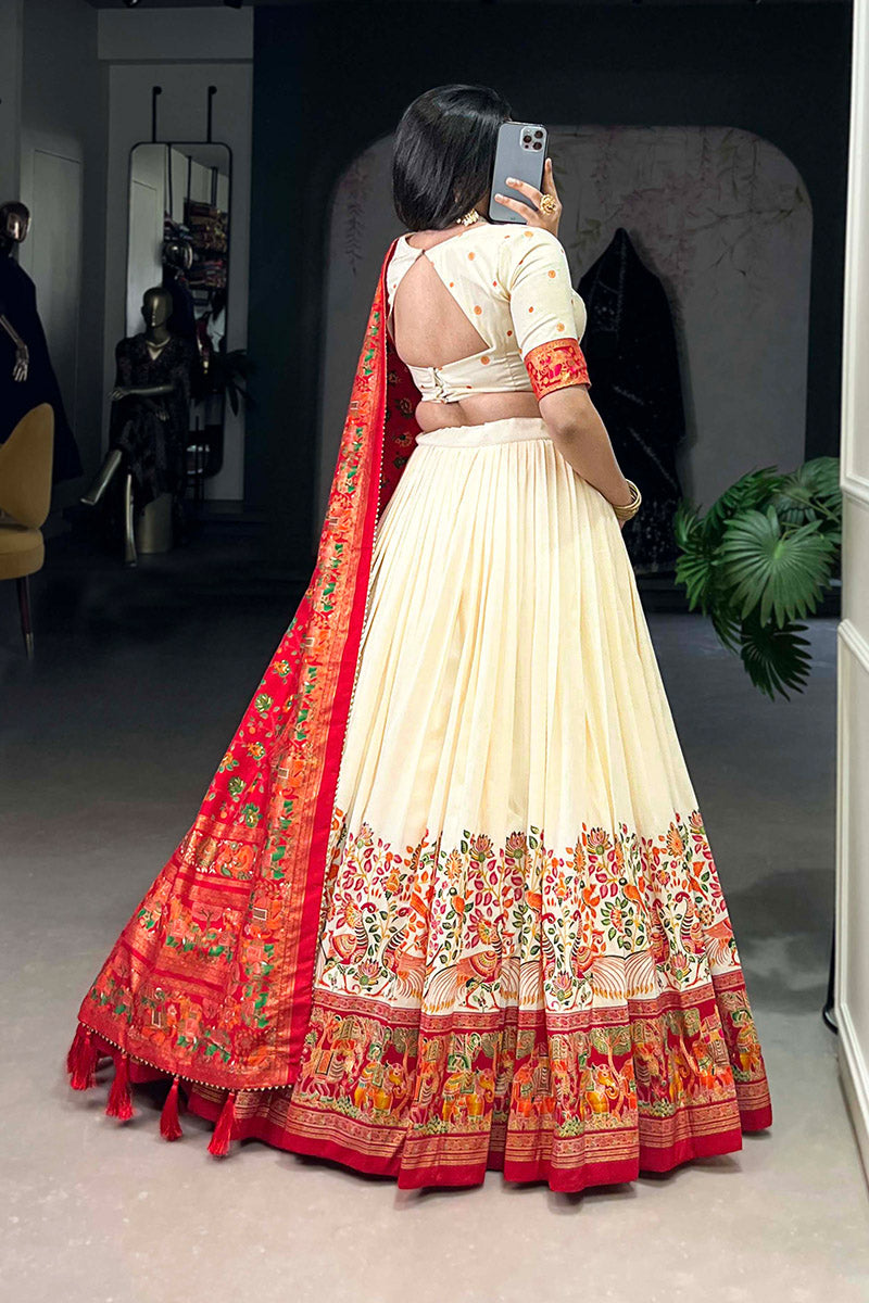 Eloquence White & Red Tusser Silk Lehenga Choli With Dupatta