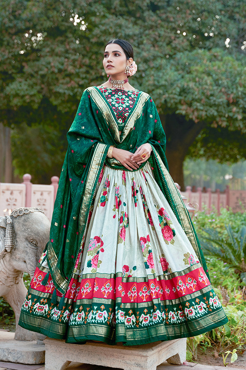 Emerald Green & White Tusser Silk Lehenga Choli With Intricate Print And Dupatta