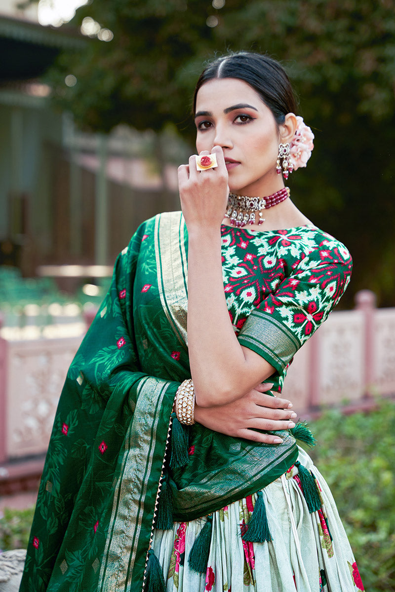 Emerald Green & White Tusser Silk Lehenga Choli With Intricate Print And Dupatta