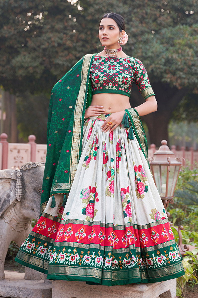 Emerald Green & White Tusser Silk Lehenga Choli With Intricate Print And Dupatta