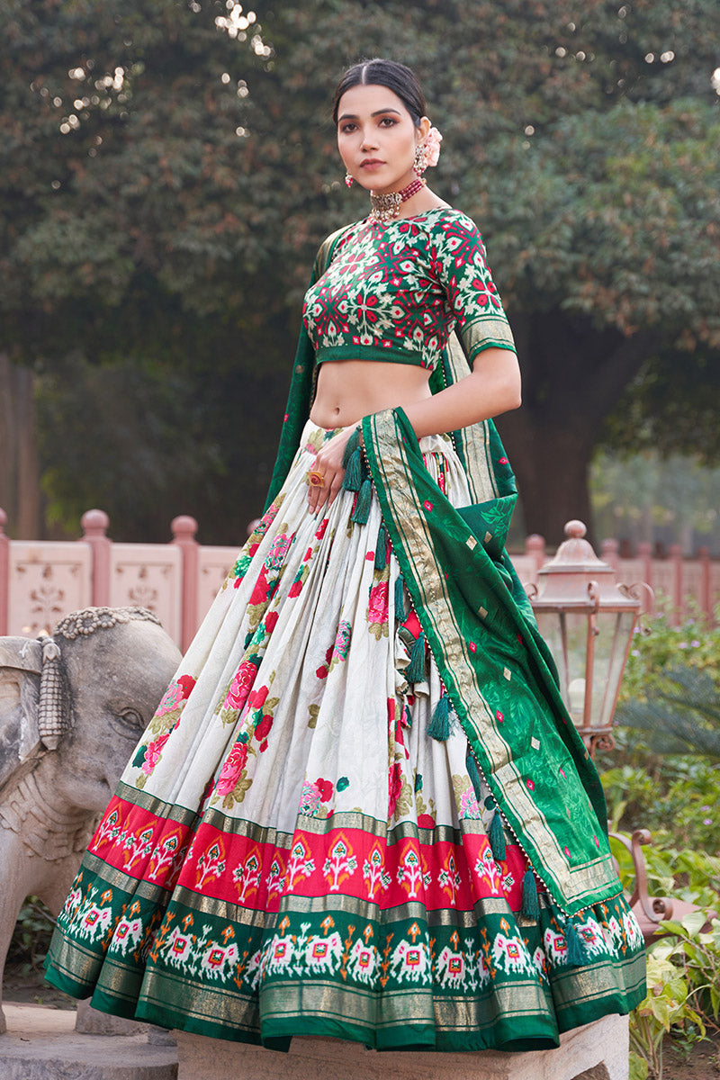 Emerald Green & White Tusser Silk Lehenga Choli With Intricate Print And Dupatta
