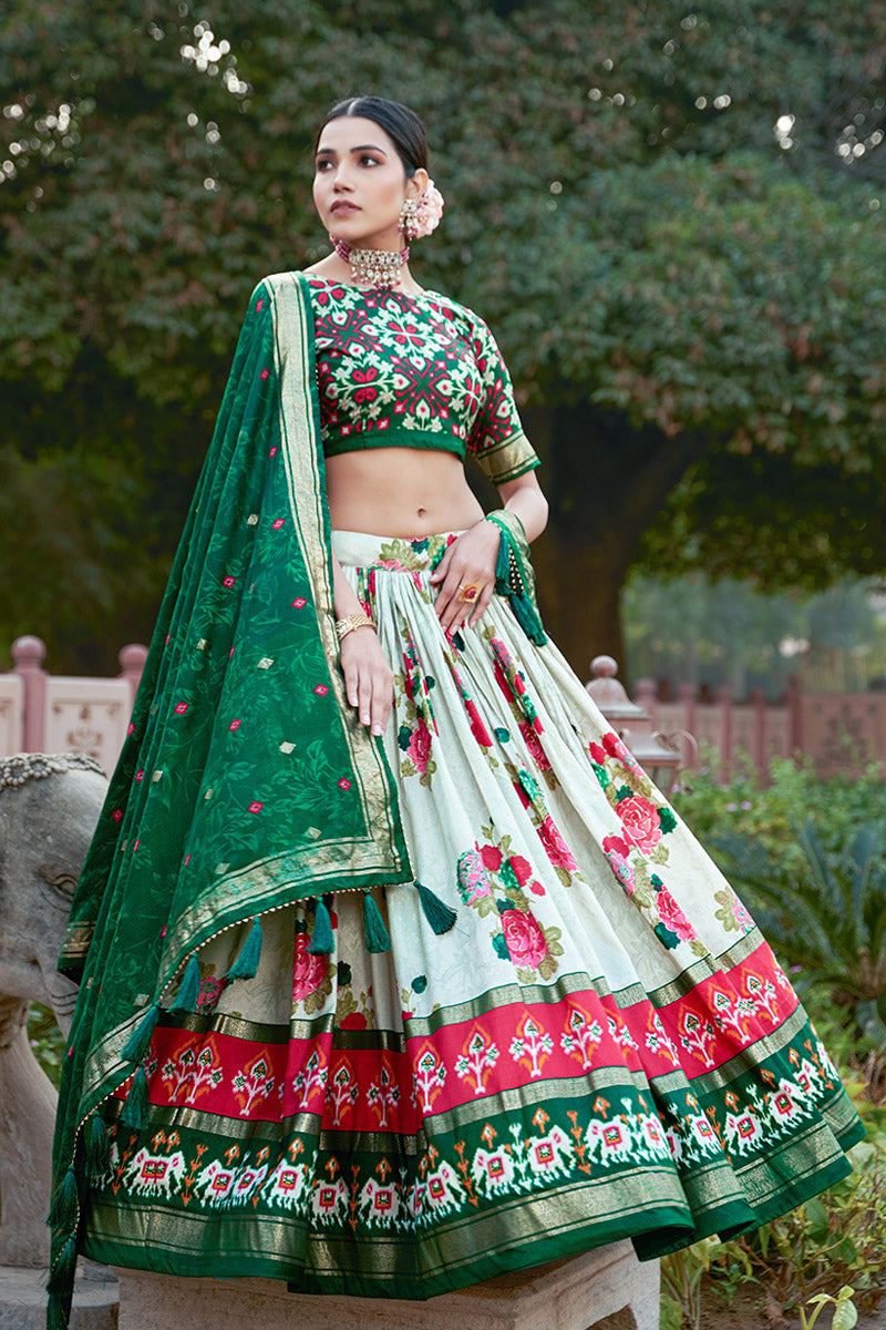 Emerald Green & White Tusser Silk Lehenga Choli With Intricate Print And Dupatta