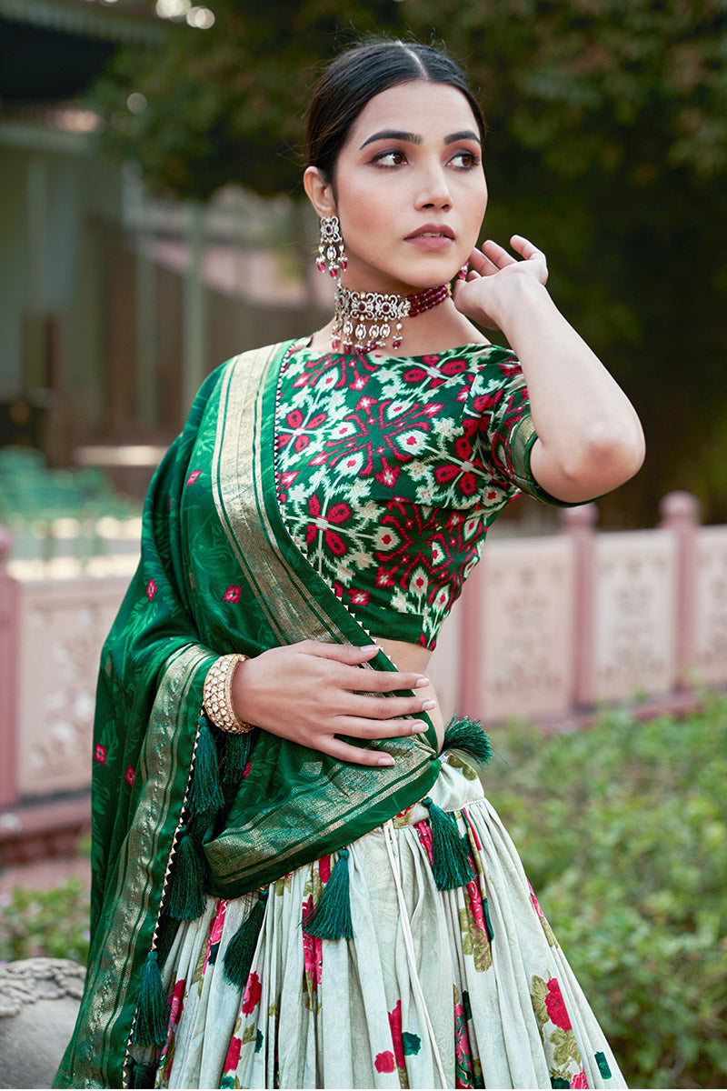 Emerald Green & White Tusser Silk Lehenga Choli With Intricate Print And Dupatta