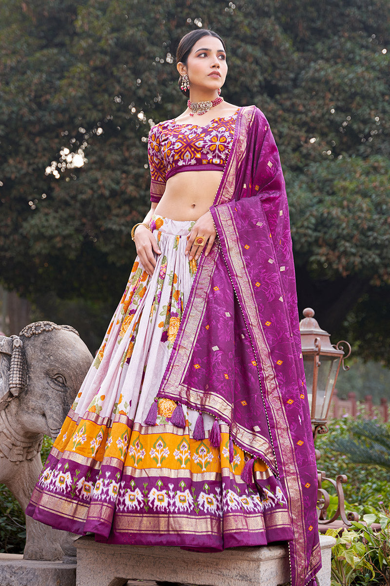Purple & White Tusser Silk Lehenga Choli With Intricate Print And Dupatta