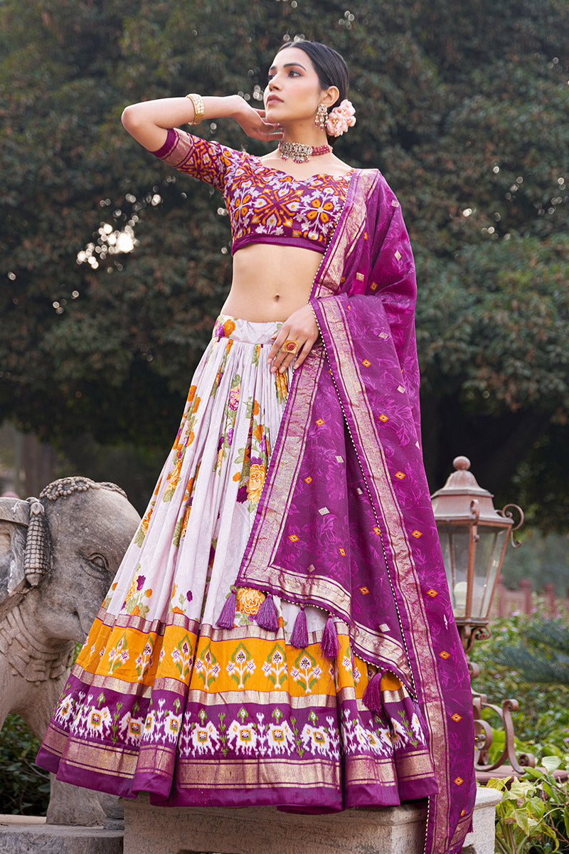 Purple & White Tusser Silk Lehenga Choli With Intricate Print And Dupatta
