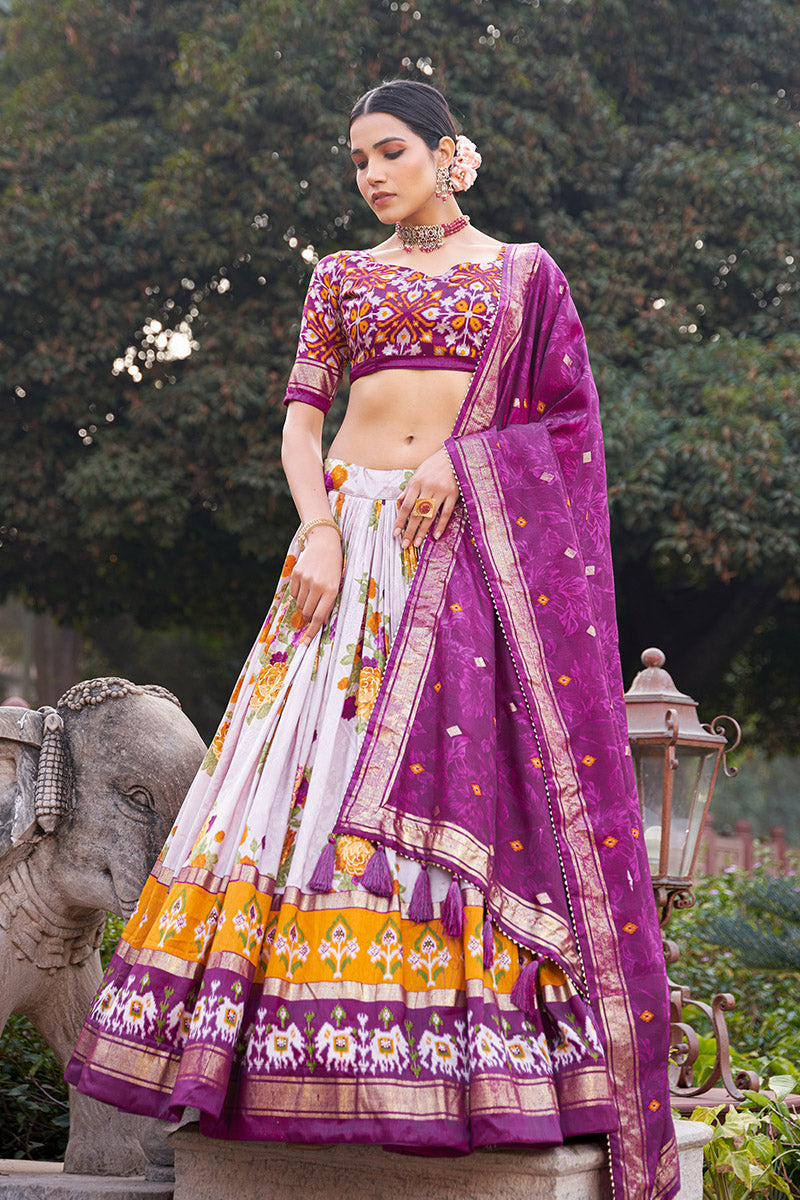 Purple & White Tusser Silk Lehenga Choli With Intricate Print And Dupatta