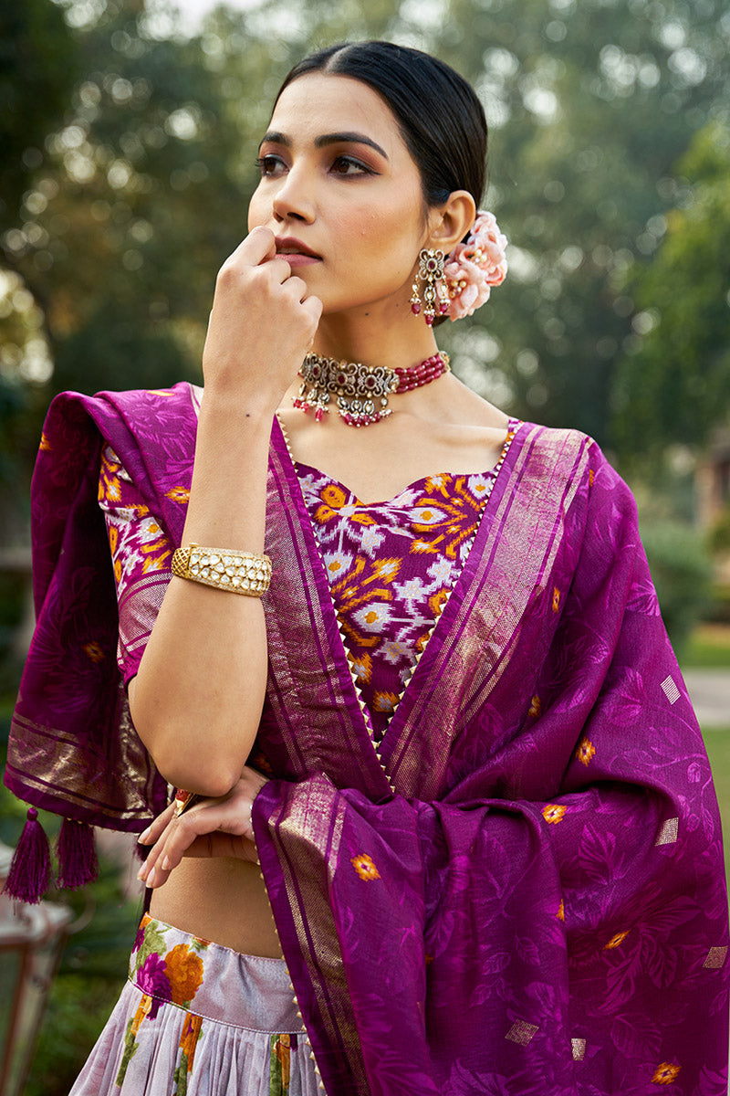 Purple & White Tusser Silk Lehenga Choli With Intricate Print And Dupatta
