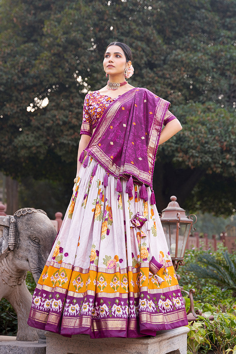 Purple & White Tusser Silk Lehenga Choli With Intricate Print And Dupatta