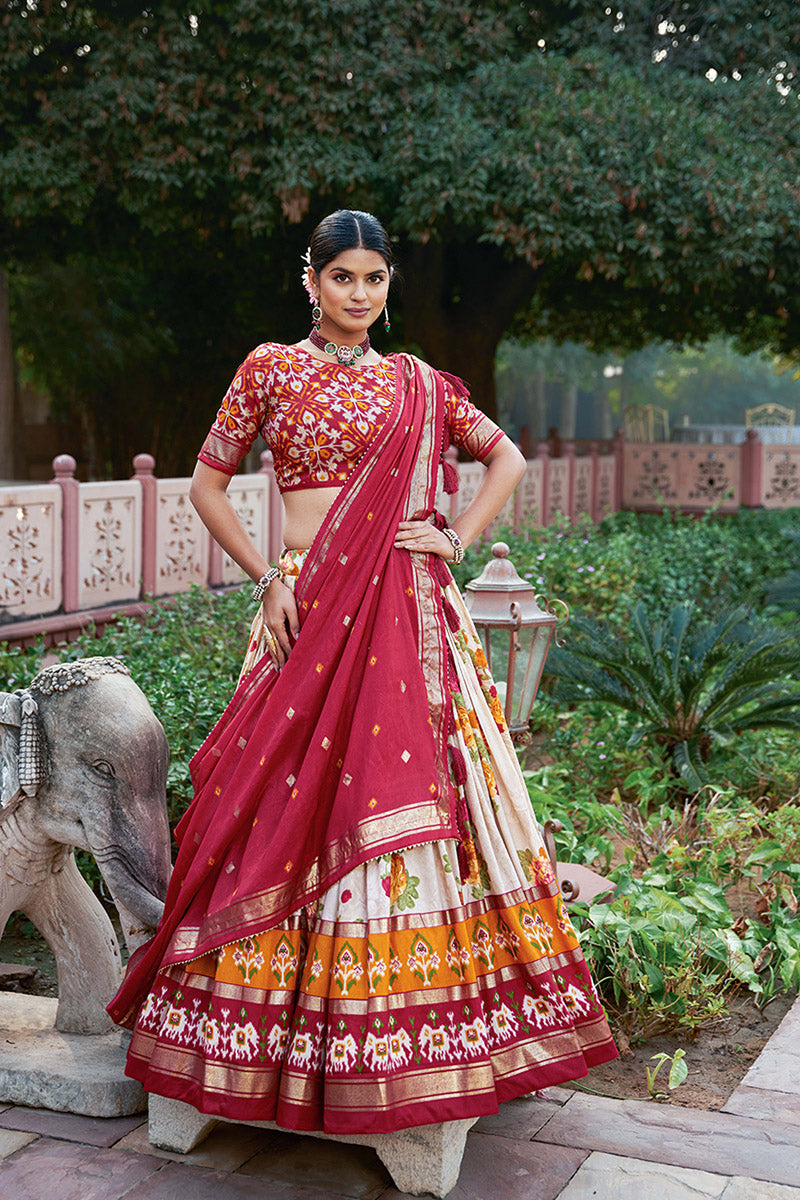 Red & Cream Tusser Silk Lehenga Choli With Intricate Print And Dupatta