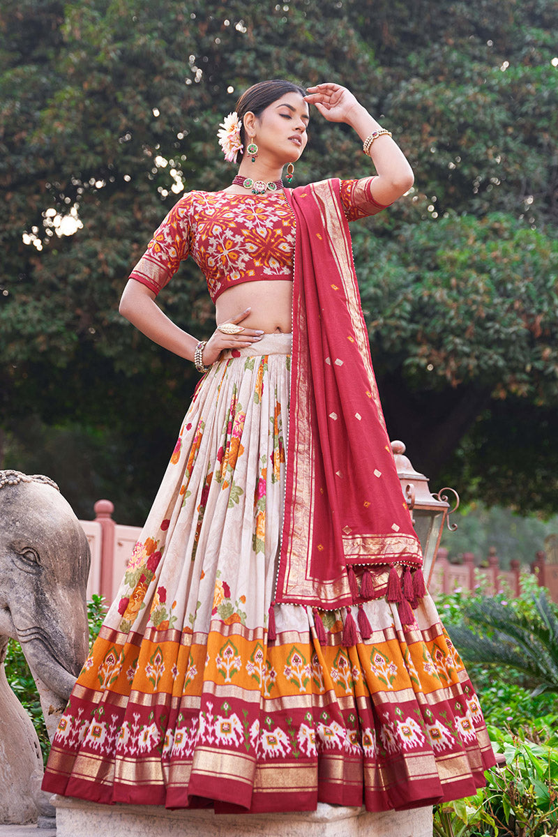 Red & Cream Tusser Silk Lehenga Choli With Intricate Print And Dupatta