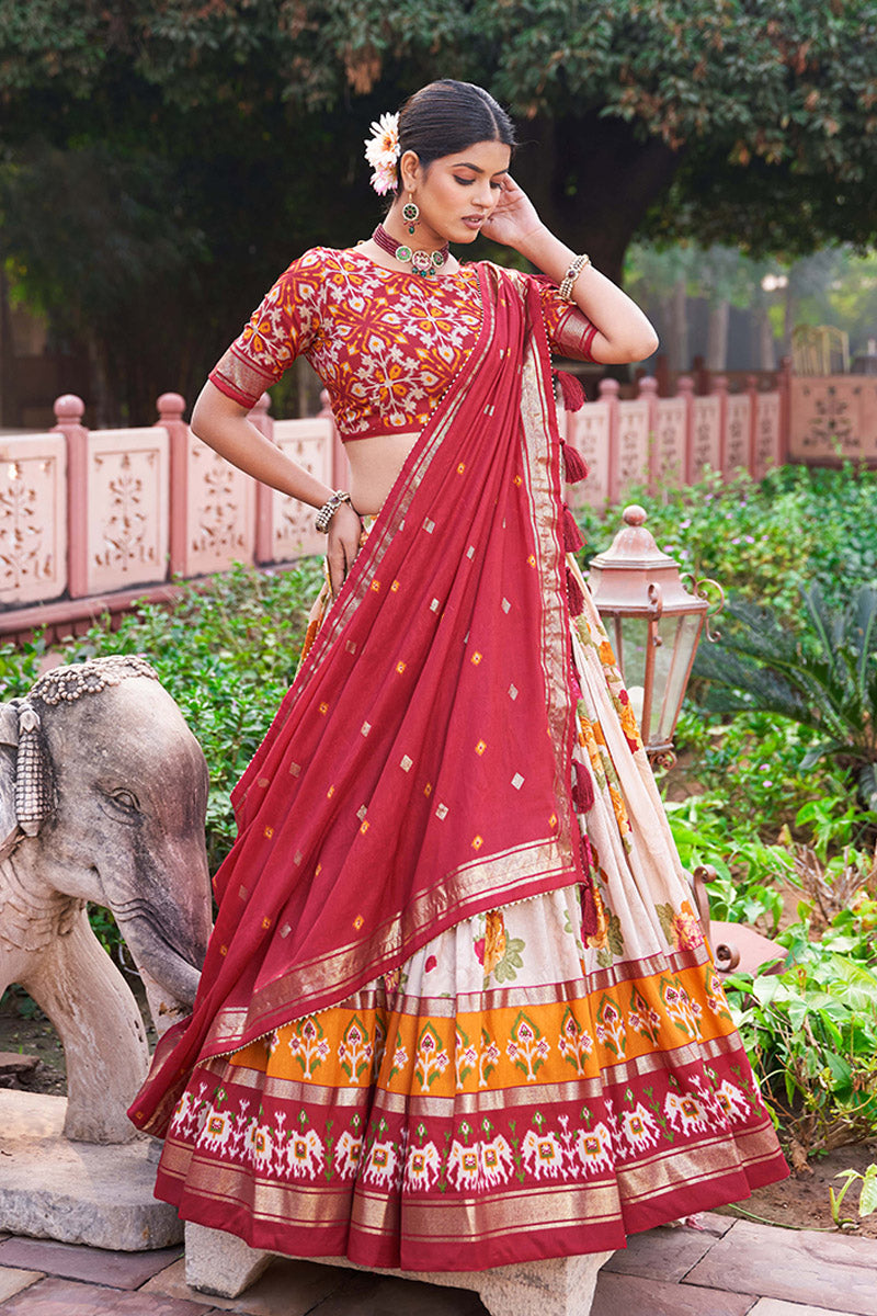Red & Cream Tusser Silk Lehenga Choli With Intricate Print And Dupatta