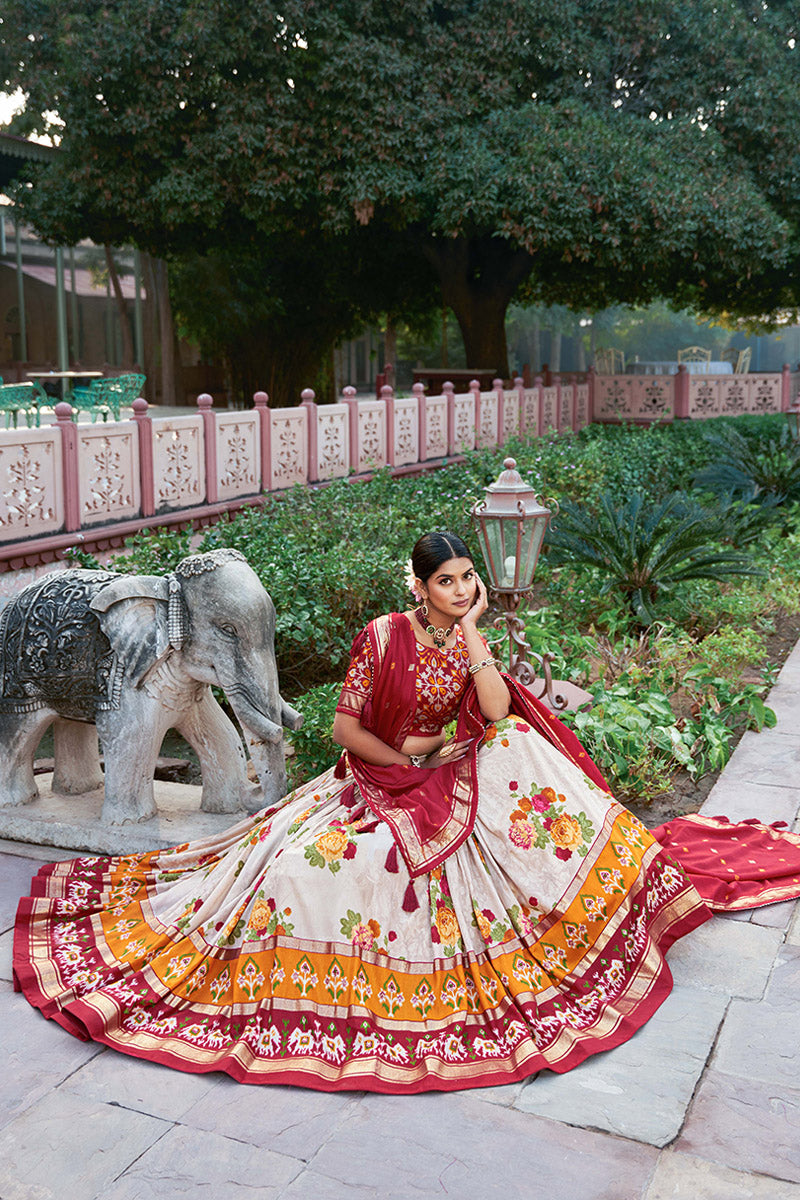 Red & Cream Tusser Silk Lehenga Choli With Intricate Print And Dupatta