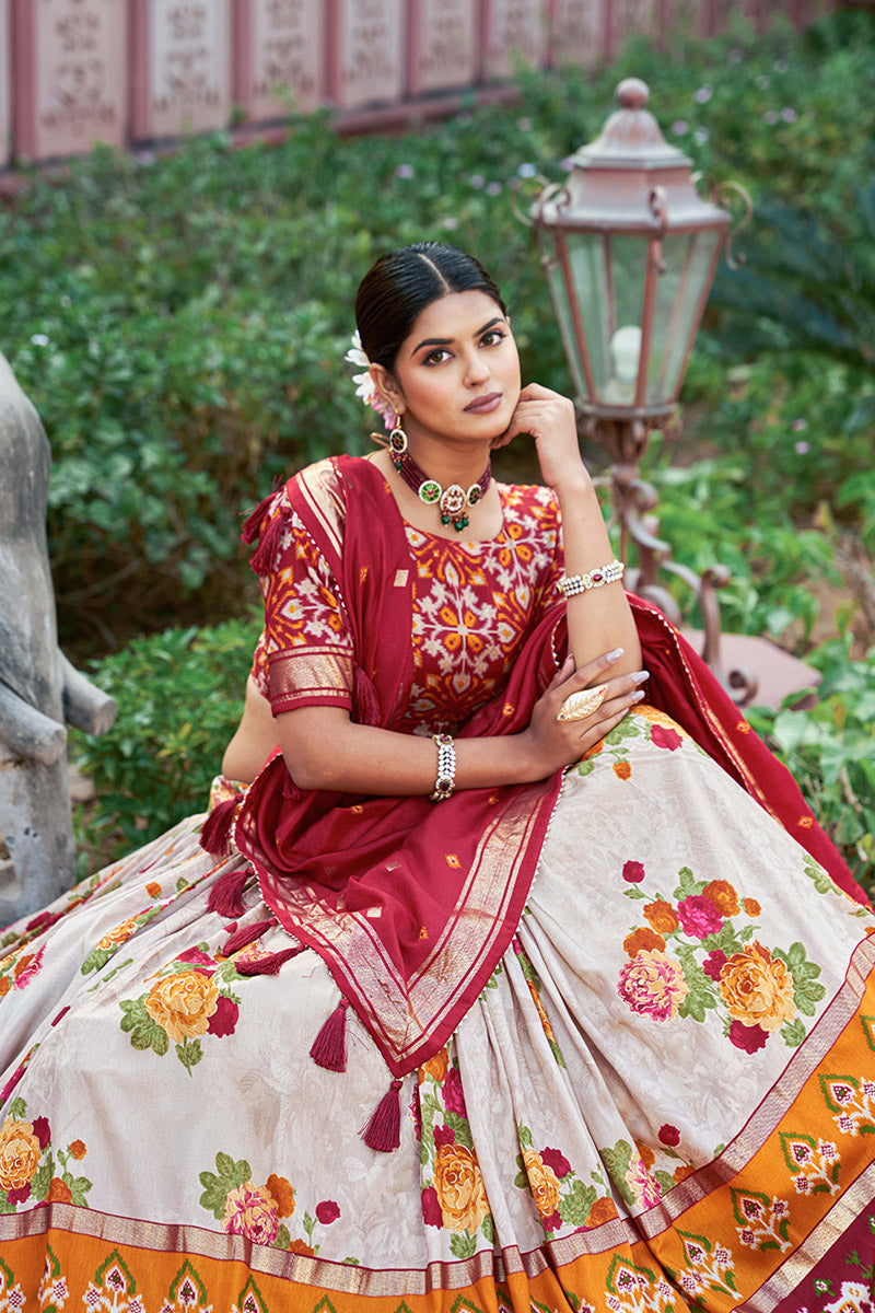 Red & Cream Tusser Silk Lehenga Choli With Intricate Print And Dupatta