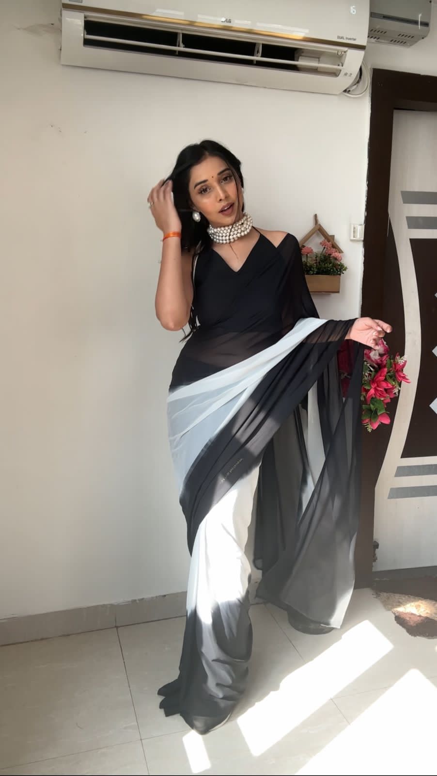 Glittering 1 Minute Ready To Wear Black And White Georgette Saree
