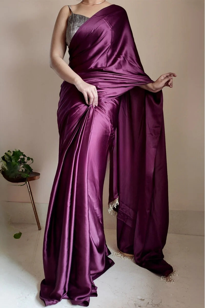 Staring 1 Minute Ready To Wear Purple Satin Silk Saree