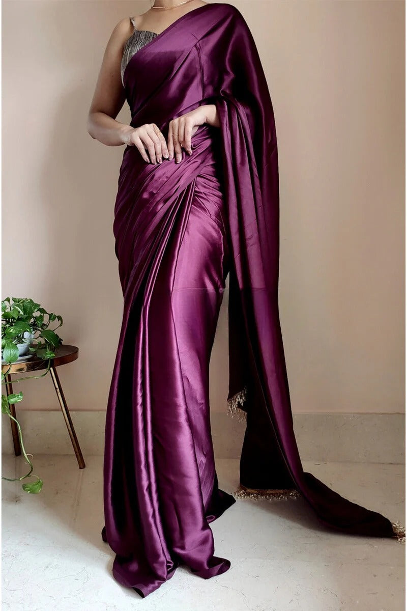 Staring 1 Minute Ready To Wear Purple Satin Silk Saree
