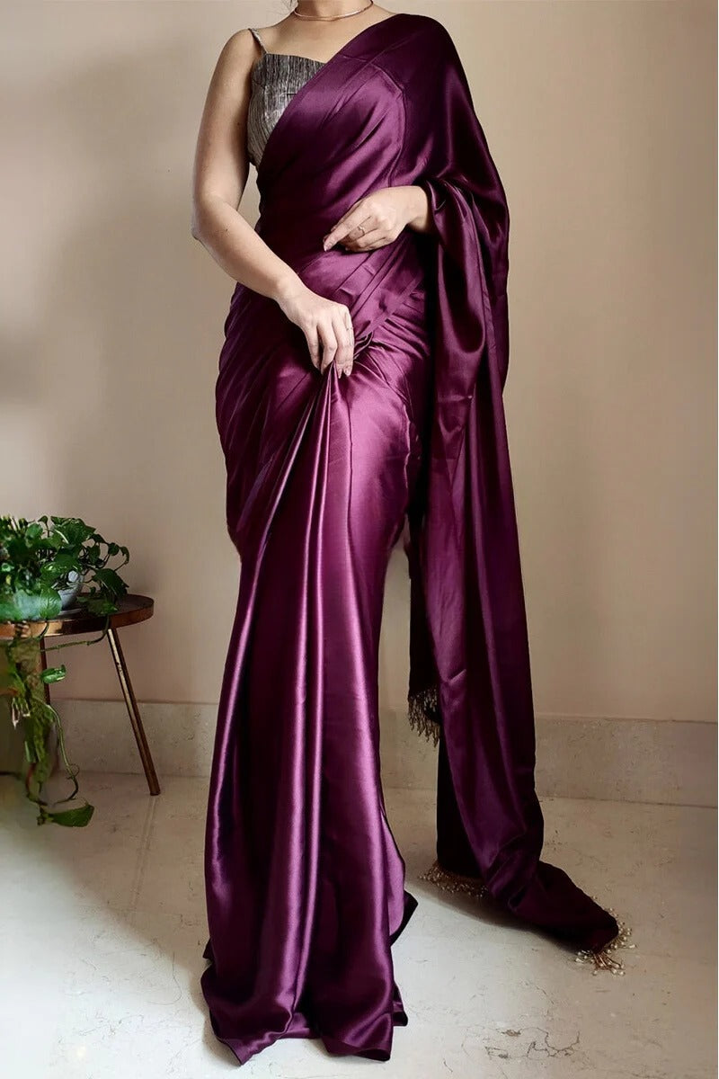 Staring 1 Minute Ready To Wear Purple Satin Silk Saree