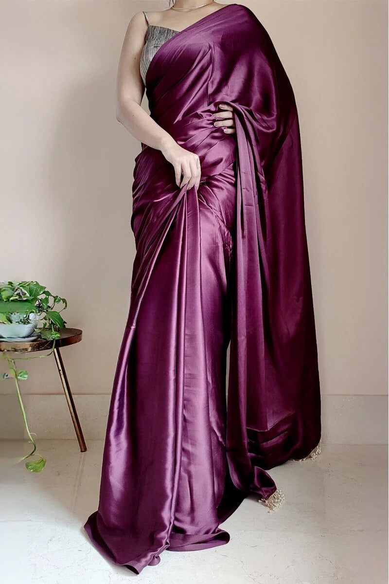 Staring 1 Minute Ready To Wear Purple Satin Silk Saree