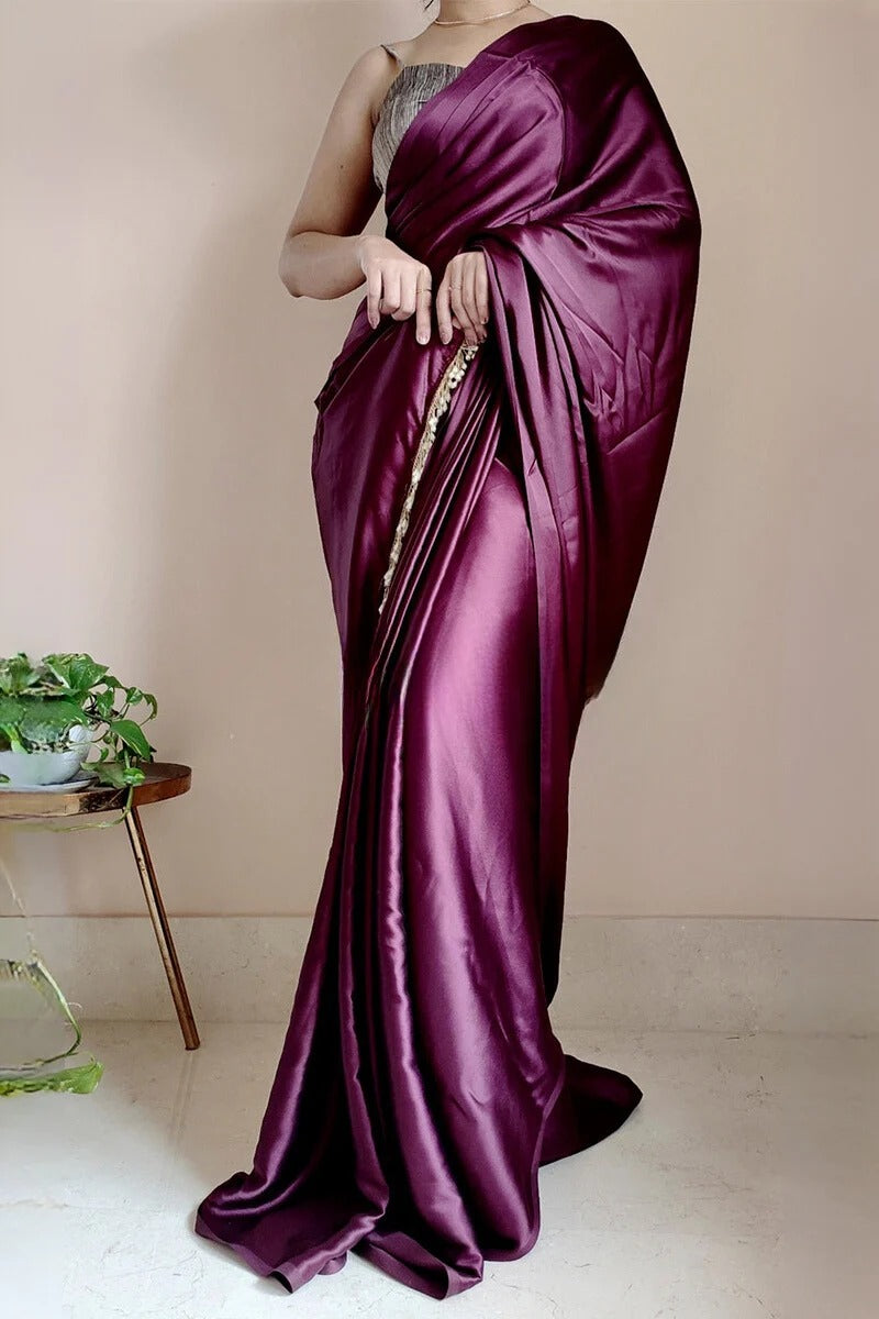 Staring 1 Minute Ready To Wear Purple Satin Silk Saree