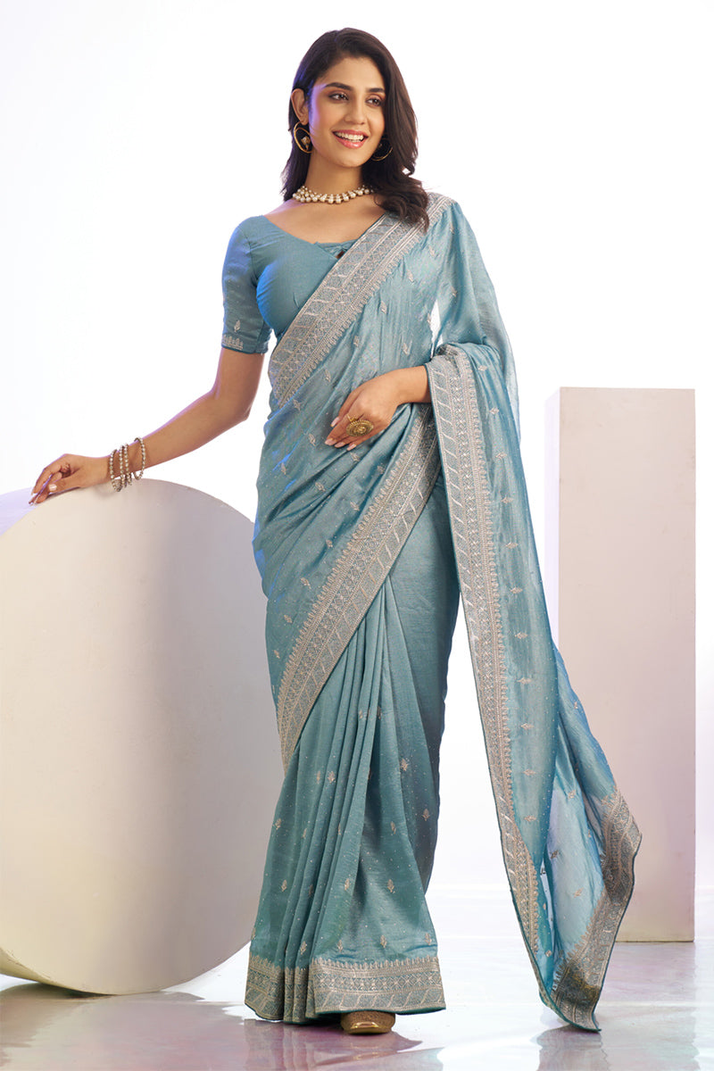 Beauteous Sky Blue Embroidery Work Premium Vichitra Silk Saree With Blouse Piece