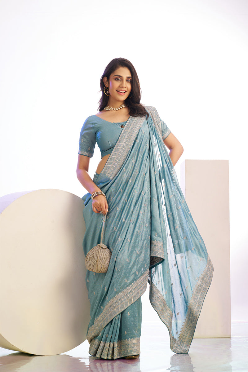 Beauteous Sky Blue Embroidery Work Premium Vichitra Silk Saree With Blouse Piece