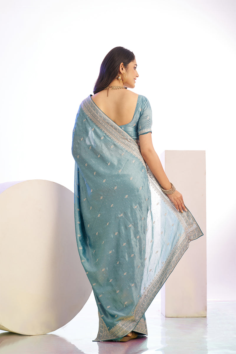 Beauteous Sky Blue Embroidery Work Premium Vichitra Silk Saree With Blouse Piece
