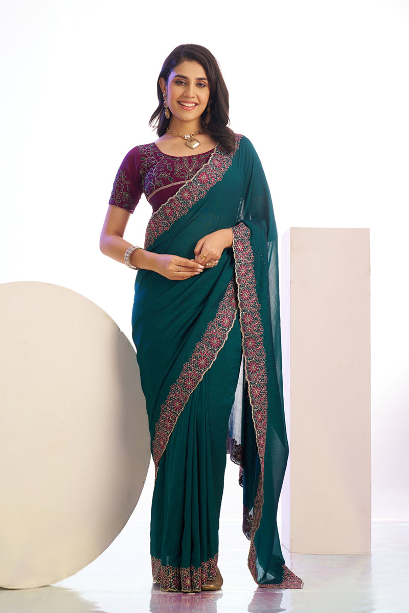 Dalliance Peacock Blue Embroidery Work Premium Vichitra Silk Saree With Blouse Piece