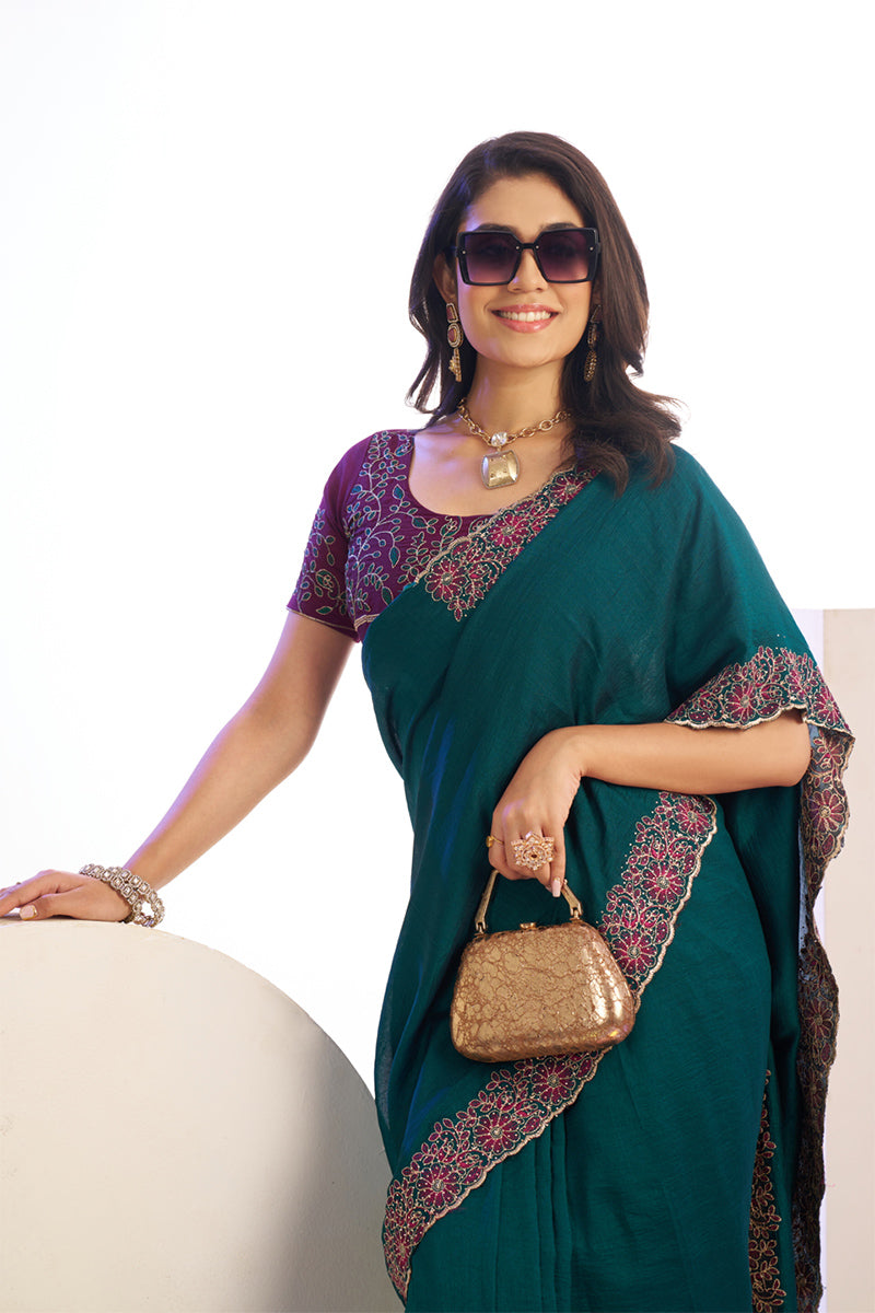 Dalliance Peacock Blue Embroidery Work Premium Vichitra Silk Saree With Blouse Piece