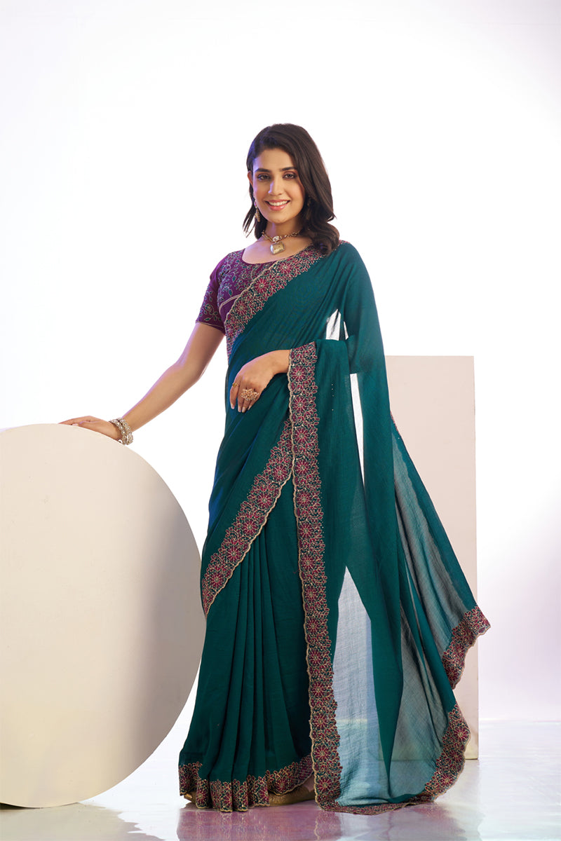 Dalliance Peacock Blue Embroidery Work Premium Vichitra Silk Saree With Blouse Piece