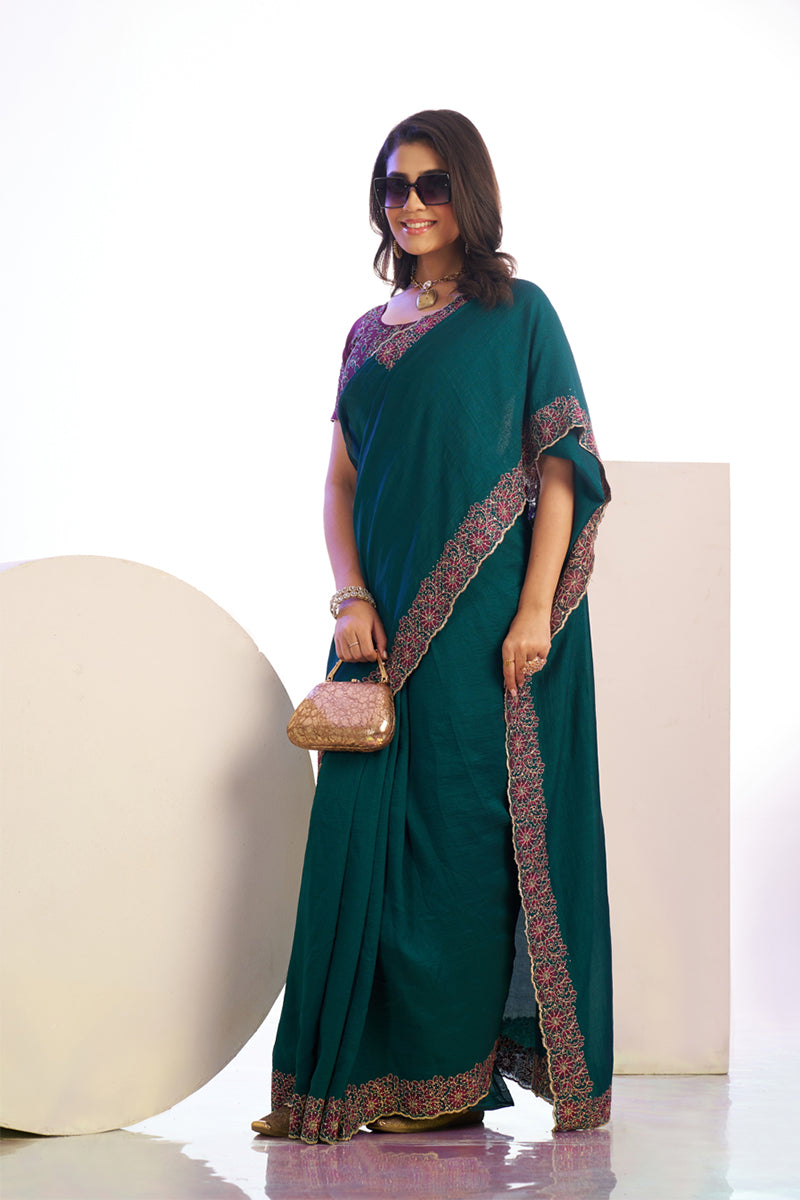 Dalliance Peacock Blue Embroidery Work Premium Vichitra Silk Saree With Blouse Piece