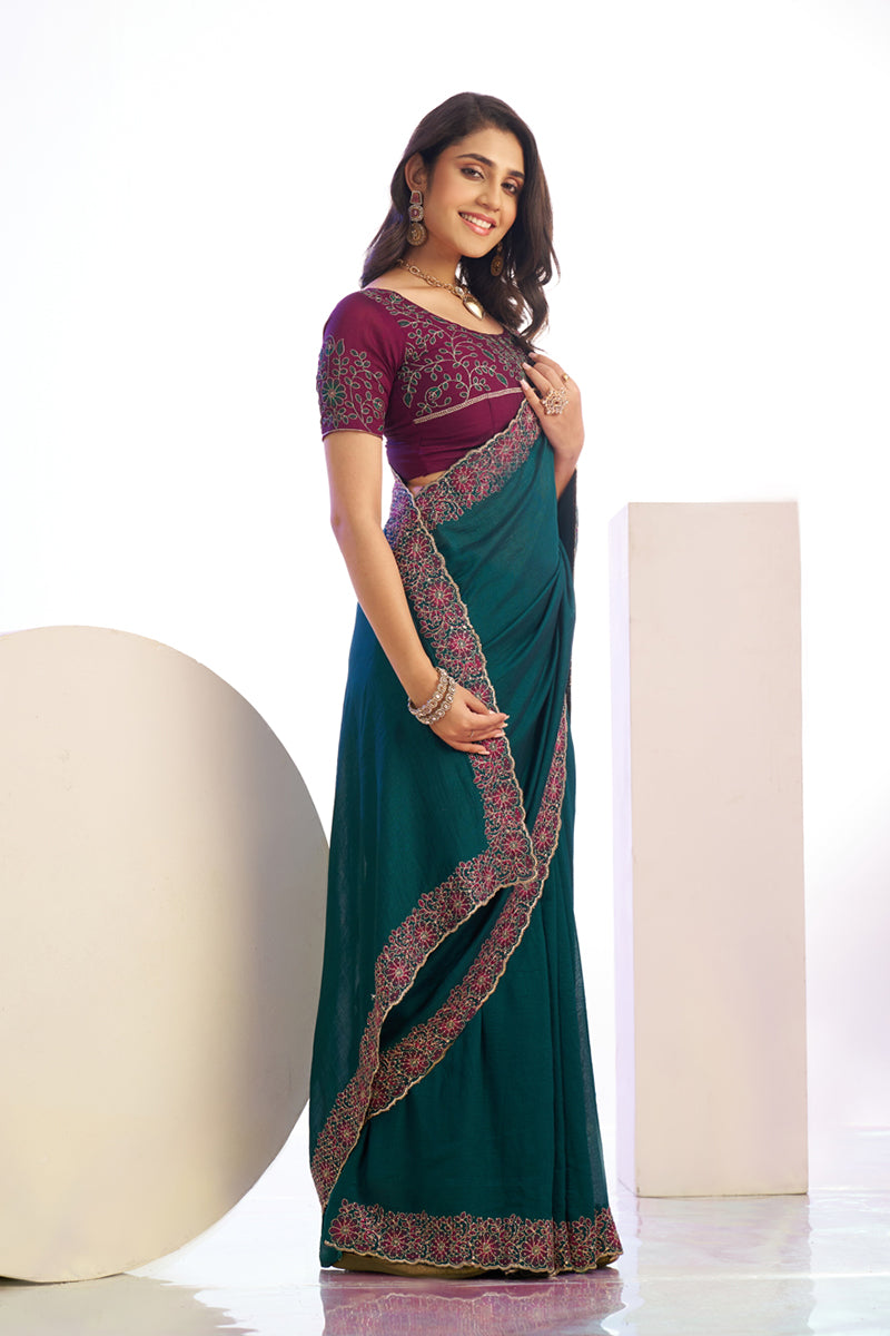 Dalliance Peacock Blue Embroidery Work Premium Vichitra Silk Saree With Blouse Piece