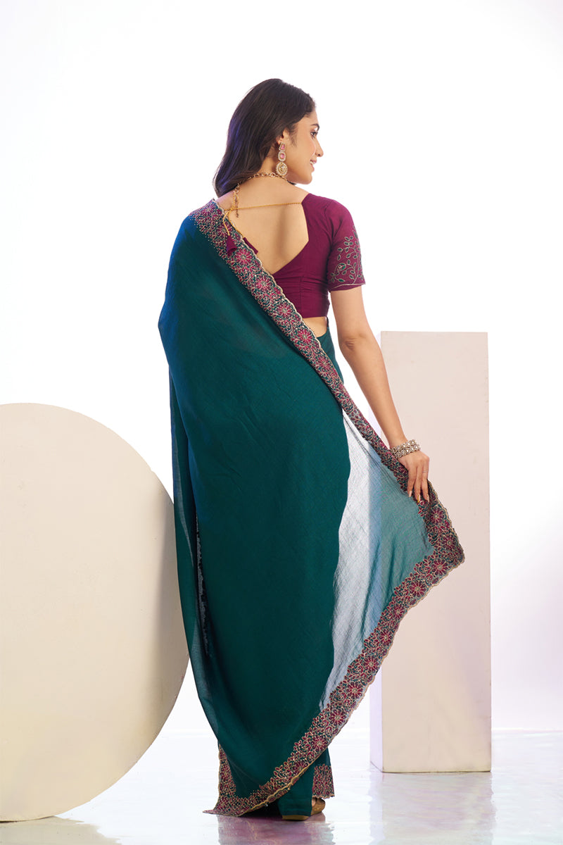 Dalliance Peacock Blue Embroidery Work Premium Vichitra Silk Saree With Blouse Piece