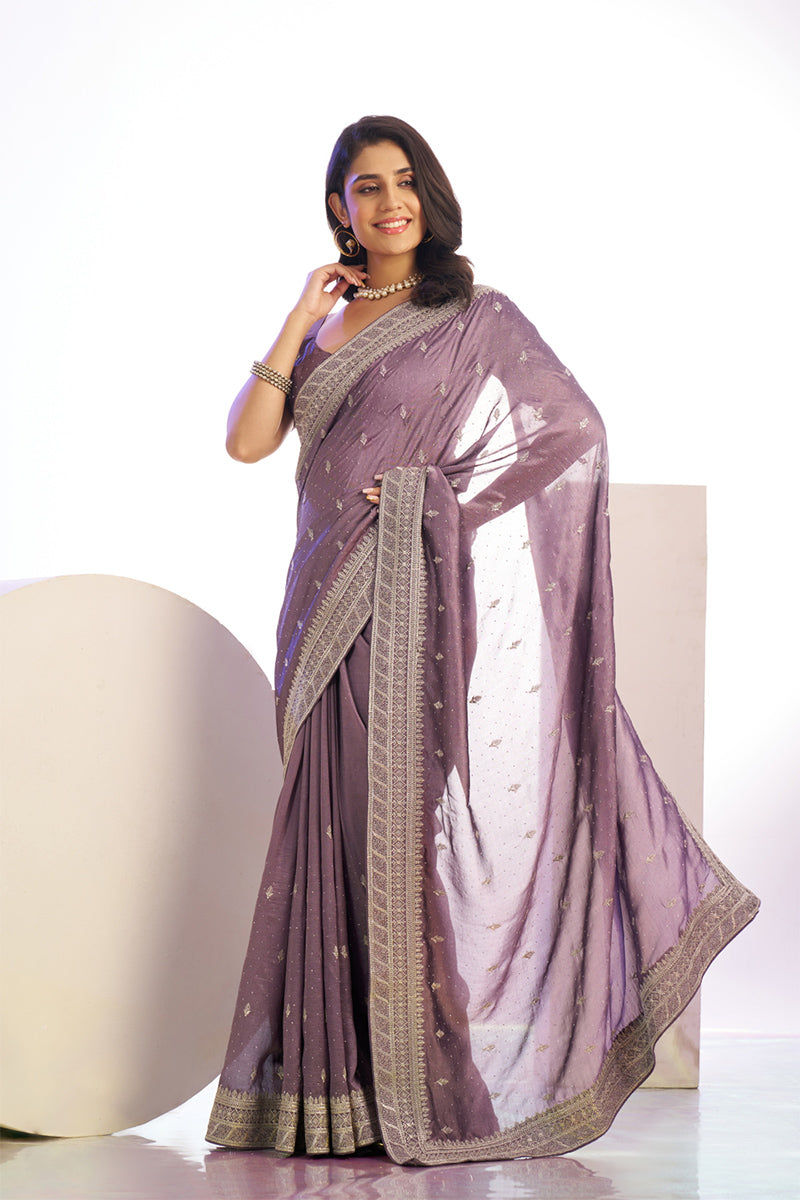 Fairytale Onion Pink Embroidery Work Premium Vichitra Silk Saree With Blouse Piece