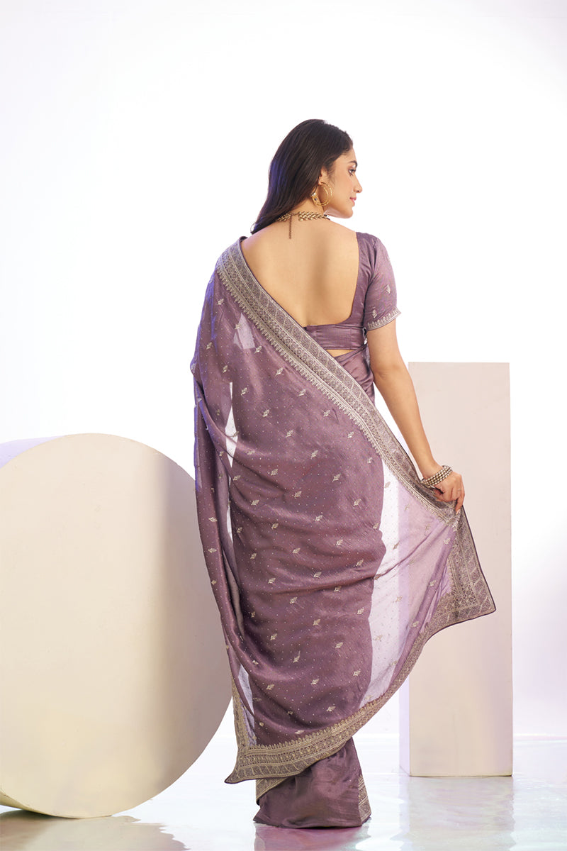 Fairytale Onion Pink Embroidery Work Premium Vichitra Silk Saree With Blouse Piece